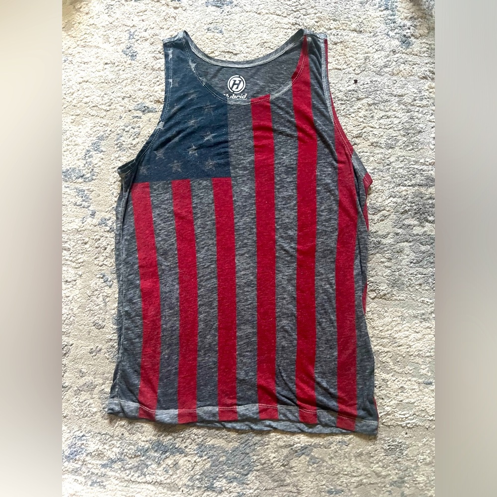 Hybrid USA Flag Tank Top Patriotic Stars Stripes Sleeveless Heather Gray Size S